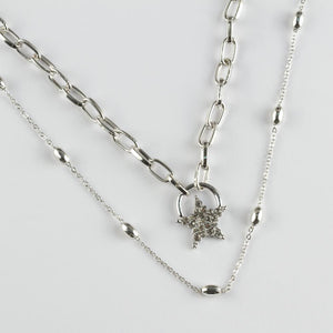Women's Gemmed Star Pendant 2 Layers Silver Necklace