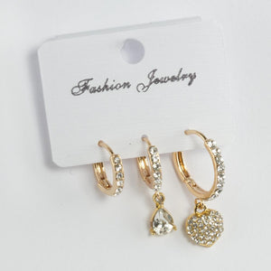 Women's Gemmed Heart Figure Gold Shakira Earrings- 3 Pieces